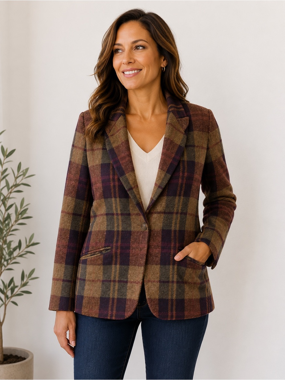 David N. Plaid Blazer Women’s Brow Wool Blend Tailored Jacket Vintage Classic 10
